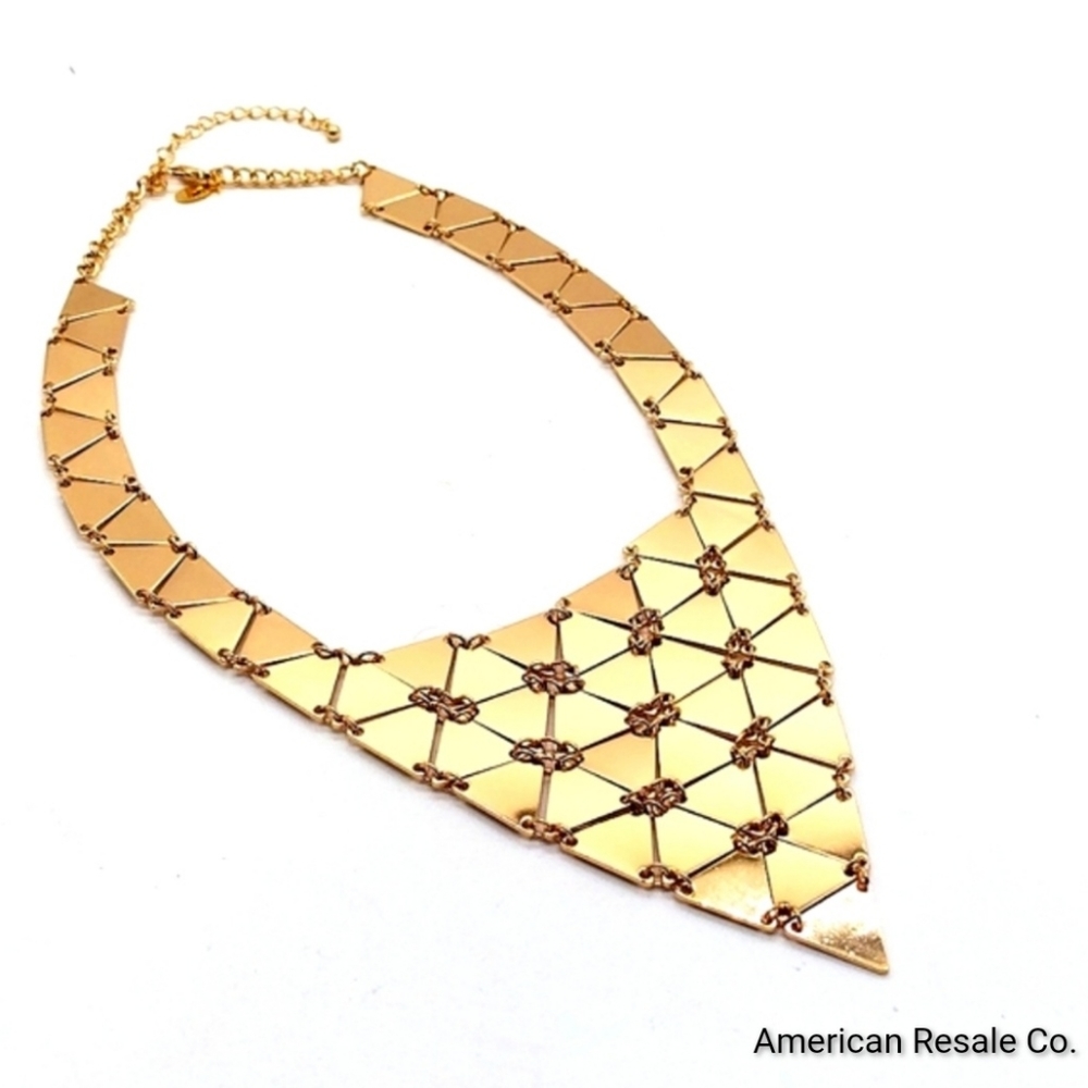 NEW CHICO'S Statement Collar Bib Necklace with extension in Reflective Gold